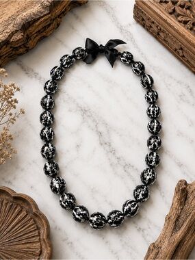 Vintage Ceramic Bead Necklace 1980s, Black & White Glazed Beads, with Ribbon Tie